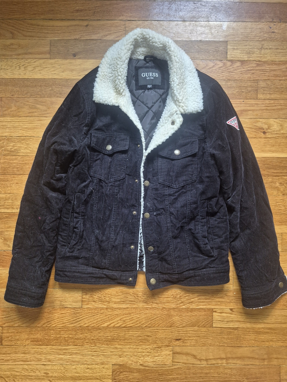 GUESS Black Corduroy Jacket with Cream Sherpa Collar Size Small